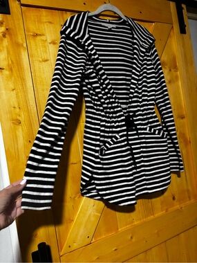 LOFT Striped Knit Hooded Cardigan Jacket Drawstring Waist‎ Black White XS